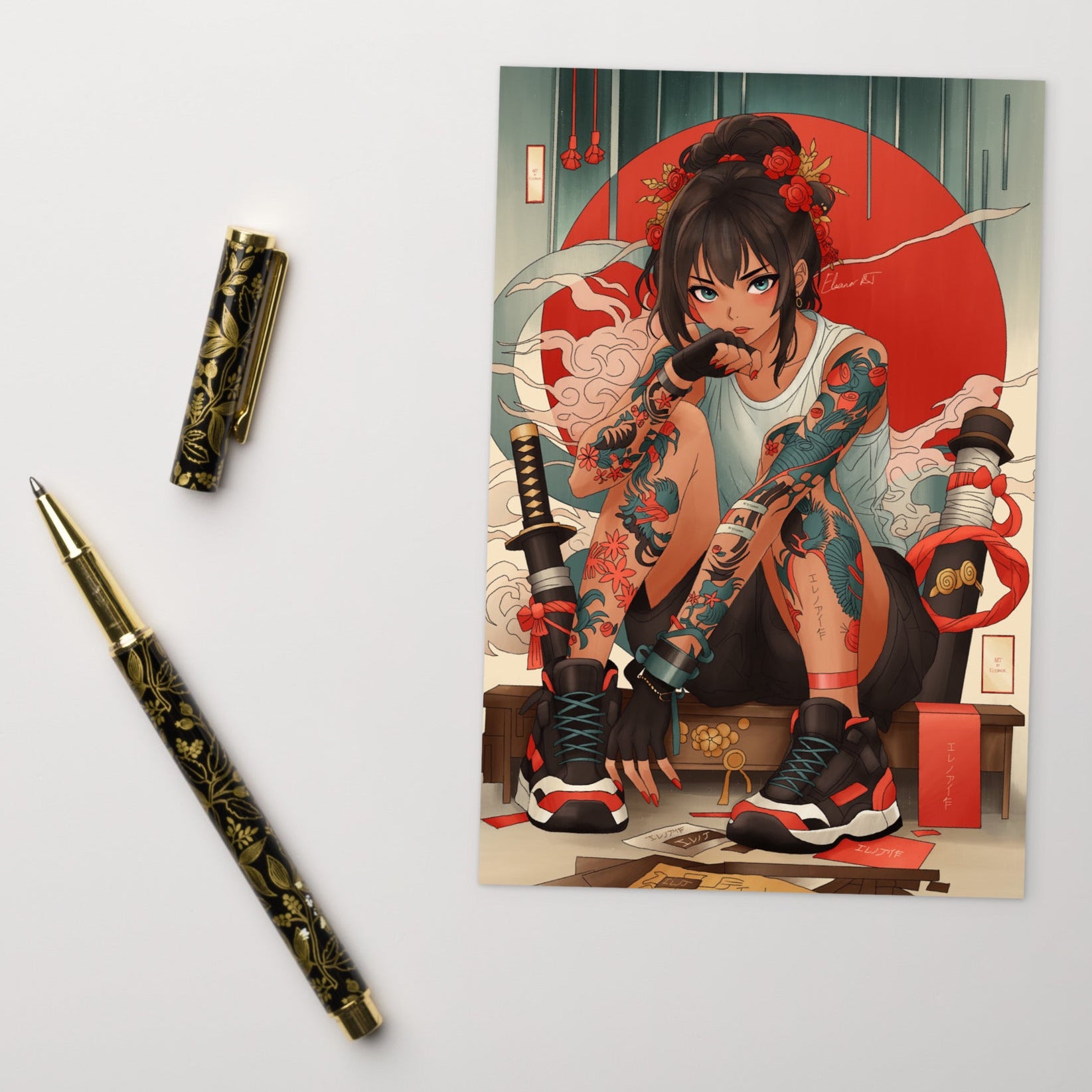 Manga illustration on postcard by London based artist Eleanor Russell-Jones.